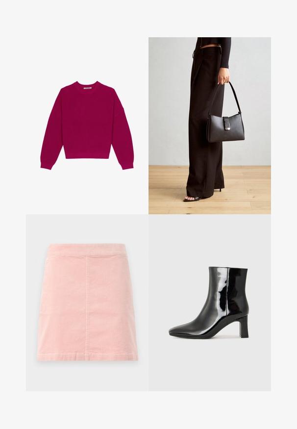 Magenta žebrovaný pletený svetr s kulatým výstřihem, spadlými rameny a dlouhými rukávy. Spodní lem je zkrácený, což zdůrazňuje texturovanou látku.; Růžová manšestrová mini sukně s úzkým pasem a vertikálně žebrovanou texturou. Lem je rovný a má jednoduchý design bez ozdob.; Černé lakované kotníkové boty s špičatou špičkou a středně vysokým blokovým podpatkem. Hladká textura a minimalistický design.; Černá kabelka se strukturovaným tvarem, hladkým povrchem a kovovým uzávěrem. Kombinována s širokými černými kalhotami a sandály s otevřenou špičkou na dřevěné podlaze.