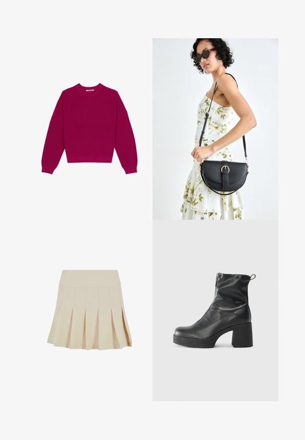 Pulover tricotat magenta, cu guler rotund, umeri lăsați și mâneci lungi. Croiala este scurtă, punând în valoare un material texturat.; Fustă plisată bej cu un brâu ajustat, realizată dintr-un material neted. Prezintă multiple pliuri verticale și un tiv drept.; Bocanci negri de glezna din piele netedă, cu fermoar lateral, toc texturat și masiv, și design cu vârf rotund.; Geantă din piele neagră, cu o formă curbată, curea detașabilă și accesorii aurii. Geanta are un capac cu un detaliu tip cataramă.