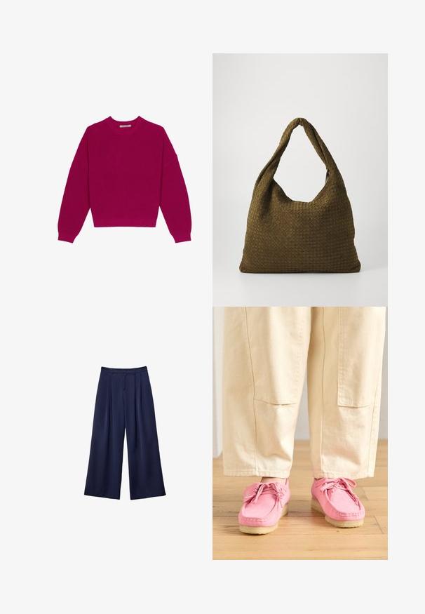 Magenta žebrovaný pletený svetr s kulatým výstřihem, spadlými rameny a dlouhými rukávy. Spodní lem je zkrácený, což zdůrazňuje texturovanou látku.; Námorně modré kalhoty s širokými nohavicemi, s plisovaním, knoflíkovým páskem a poutky na opasek, zobrazené položené na bílé pozadí.; Růžové semišové mokasíny se šněrováním, s texturovaným povrchem a světlou béžovou gumovou podrážkou, v kombinaci s béžovými kalhotami.; Tkaná kabelka v olivové zelené barvě s prostorným, kulatým tvarem a jedním dlouhým uchem pro nošení. Texturovaný povrch.