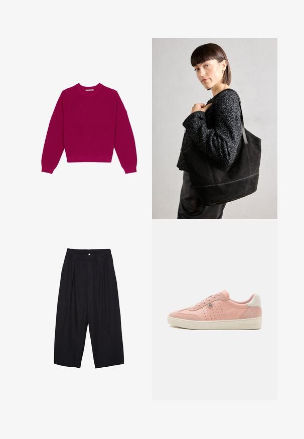 Magenta värjätty ribba neulottu paita, jossa on pyöreä kaula-aukko, laskeutuvat olkaimet ja pitkät hihat. Helma on lyhennetty, mikä korostaa tekstuurista kangasta.; Musta polyesterinen culotte-housut, jossa on joustava vyötärö, kaksi etupleettiä ja löysä siluetti. Ei näkyviä kuvioita tai metallisia yksityiskohtia.; Vaaleanpunaiset tekonahkakengät, joissa on sileä pinta, reikäkoristeita, kermaisen värinen pohja ja pieni logoyksityiskohta. Perinteinen nauhakiinnitys.; Musta mokkanahkainen laukku, jossa on sileä pinta, jämäkkä muoto ja kontrastivärinen ommel. Varustettu pitkillä hihnoilla olalla kantamista varten.