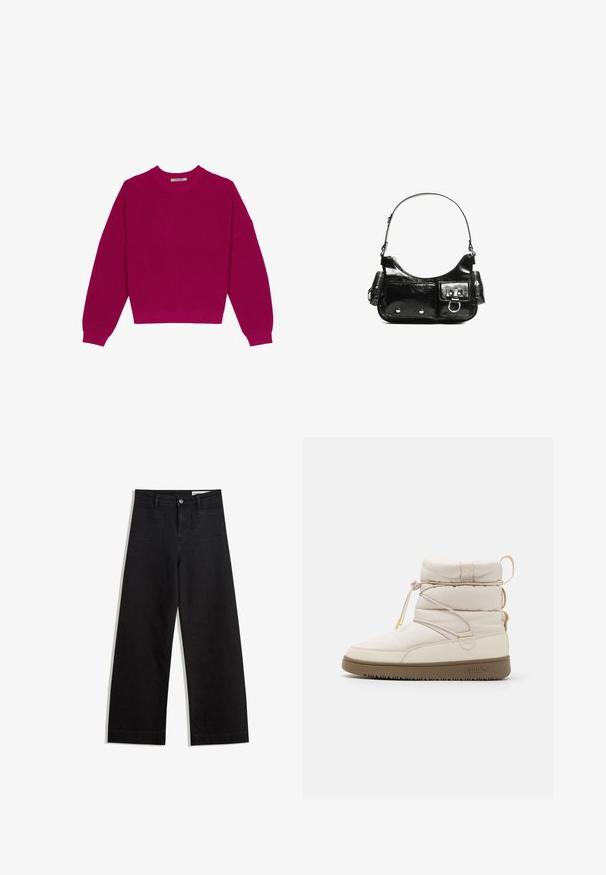 Magenta žebrovaný pletený svetr s kulatým výstřihem, spadlými rameny a dlouhými rukávy. Spodní lem je zkrácený, což zdůrazňuje texturovanou látku.; Černé denimové kalhoty s volným střihem a vysokým pasem, vybavené předními a zadními kapsami, prošívanými švy a knoflíkovým zapínáním. Hladká textura.; Beige kotníkové boty z prošívané tkaniny, s elastickým šněrováním a gumovou podrážkou. Mají polstrovaný límec a decentní logo na boku.; Černá lakovaná kožená kabelka s křivkovým tvarem, jedním ramenním popruhem, předními kapsami a stříbrnými kovovými detaily.