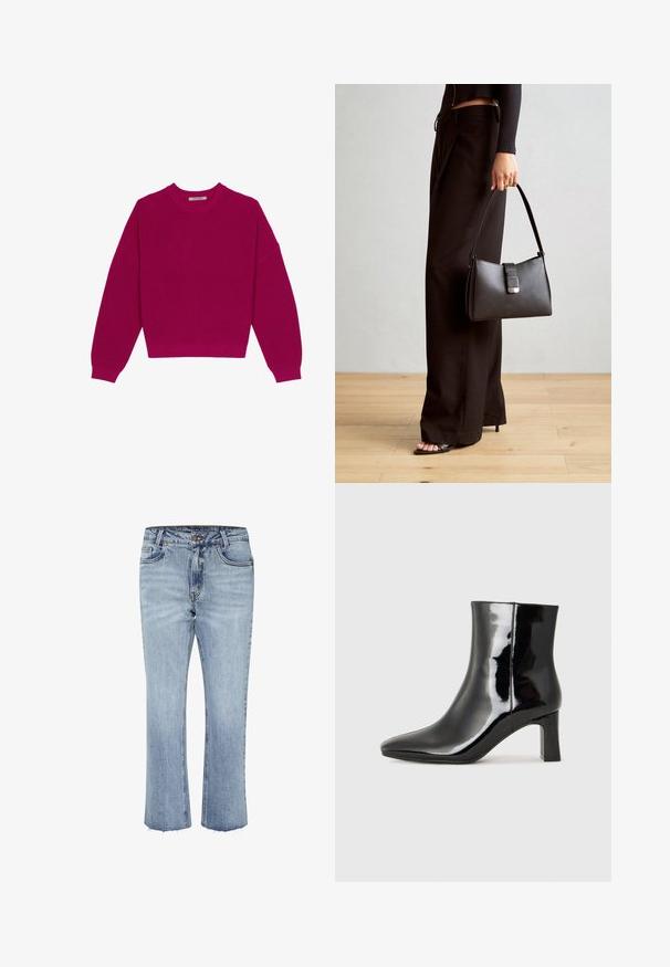 Suéter de punto acanalado en magenta con cuello redondo, hombros caídos y mangas largas. El dobladillo es corto, resaltando una tela texturizada.; Vaqueros de denim azul claro con corte recto y dobladillo desflecado. Tiene cinco bolsillos y costuras en contraste. Cierre clásico con botón y cremallera.; Botín de charol negro con punta afilada y un tacón de bloque de altura media. Textura suave y diseño minimalista.; Bolso negro con forma estructurada, textura suave y un cierre metálico. Combinado con pantalones anchos negros y sandalias de dedo en un suelo de madera.
