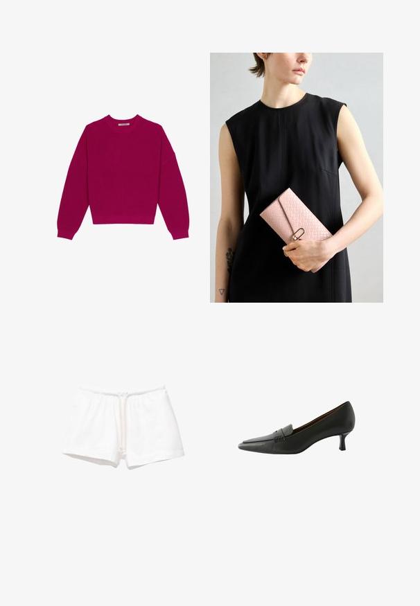 Magenta ribbet striktrøje med rund halsudskæring, dropped skuldre og lange ærmer. Kanten er cropped, hvilket fremhæver det strukturerede stof.; Hvide bomuldsshorts med elastisk talje og snører, med en glat overflade og uden mønstre eller yderligere detaljer.; Sorte læderhællet sko med spids tå og en dekorativ rem. Har en lav stiletto hæl og en glat overflade.; Lyserød vævet pung med en tekstureret overflade, der har en gylden lukning. Holdes af en person iført en sort ærmeløs kjole. Enkel design.