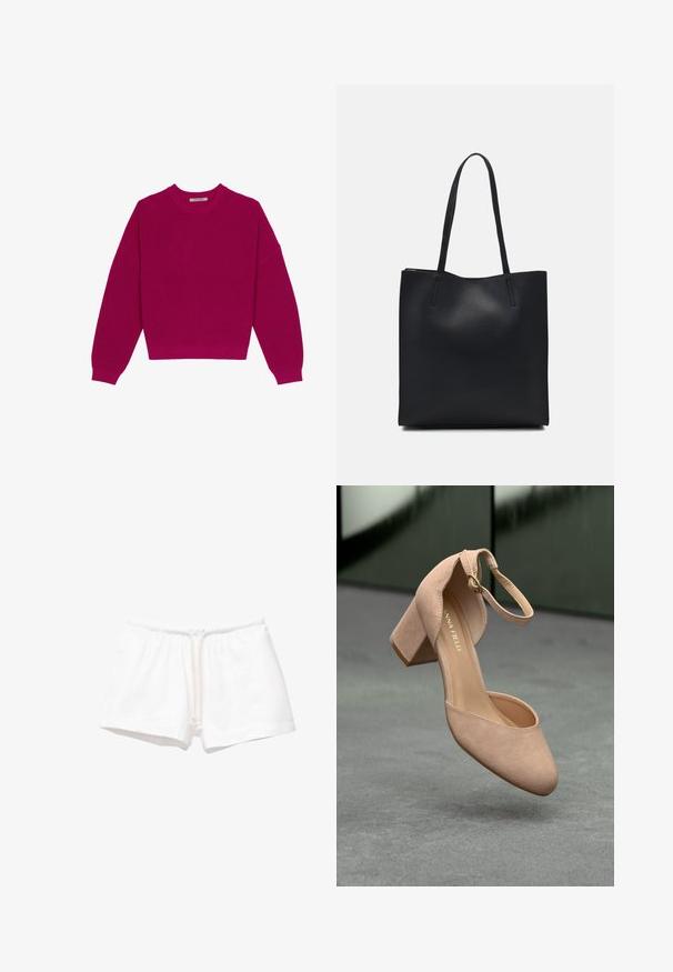 Magenta geribbelde gebreide trui met een ronde halslijn, afhangende schouders en lange mouwen. De zoom is cropped en toont een gestructureerde stof.; Witte katoenen shorts met een elastische tailleband en een trekkoord, met een gladde textuur en zonder patronen of extra accenten.; Beige suède blokhak schoen met een ronde neus, enkelbandje en gouden hardware-detail; gladde textuur en minimalistisch ontwerp.; Zwarte leren handtas met een gladde textuur, rechthoekige vorm en twee lange handvaten. Geen zichtbare hardware of versieringen.