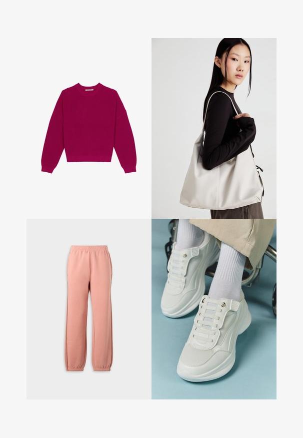 Magiņa ribots džemperis ar apaļu kakla izgriezumu, pazeminātiem pleciem un garām piedurknēm. Apakšmalas ir īsākas, izceļot teksturētu audumu.; Rozā sporta bikses ar elastīgu jostasvīru, šauriem diegu galiem un sānu šuvēm. Izgatavotas no mīksta materiāla, paredzētas komfortam.; Baltie sporta apavi ar sietu materiālu, gumijas zoli, bez šņoru dizainu ar elastīgām beigām un zeltainiem akcentiem.; Bežs rokassoma, izgatavota no mīksta materiāla, ar brīvu dizainu, izšūtu apdari un divām plecu siksnām. Piemērota ikdienas lietošanai.