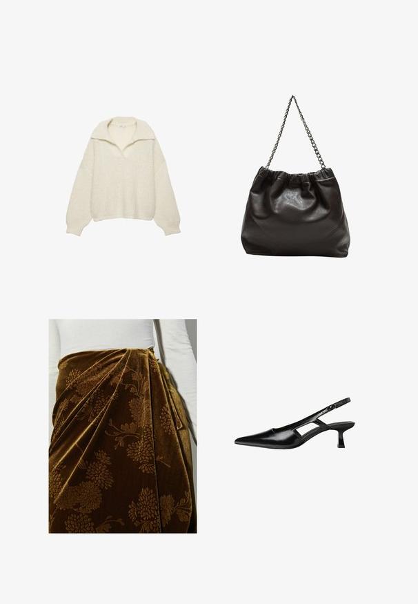 Pulover u off-white boji, izrađen od debljeg pletenog materijala. Ima široki ovratnik, spuštene rukave i rebrasti rub te manžete. Kutijasti dizajn.; Smeđi baršunasti suknja s cvjetnim uzorkom, s nabranim i drapiranim dizajnom. Teksturirana površina naglašava bogate detalje.; Crne lakirane natikače na remenčić sa špicastim nosom, dizajnom sa izrezima sa strane i malim kvadratnim potplatom. Glatka tekstura s minimalnim akcentima.; Smeđa kožna torba s naboranim vrhom i lančićem za nošenje. Glatka tekstura s sjajnim završetkom i suptilnim šavnim detaljima sa strane.