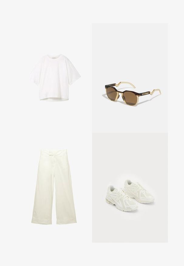 Sveter v off-white farbe, vyrobený z hrubej pleteniny. Obsahuje široký golier, spadnuté ramená a rebrovaný lem a manžety. Krabicový strih.; Biely krátky rukáv tričko s okrúhlym výstrihom, voľným strihom a mierne zakriveným lemom. Vyrobené z hladkej, mäkkej tkaniny s minimálnymi švami.; K relaxovaným nohaviciam s širokými nohavicami z jemného krémového materiálu. Obsahujú plochý predný pás a rozrolované manžety. Hladká textúra s čistým, minimalistickým dizajnom.; Biele športové topánky vyrobené z mäkkej sieťoviny a syntetických materiálov, dizajn na šnurovanie, polstrovaný golier a textúrová podrážka pre lepšiu trakciu. Ľahká konštrukcia.; Hnedé okrúhle slnečné okuliare s rámom z korytnačiny a svetložltého priesvitného materiálu, so ostrými ramenami a textúrovanými detailmi na spánkoch.; Hnedá kožená kabelka cez telo s zakriveným tvarom, zlatými kovovými doplnkami a akcentom s prackou. Obsahuje odnímateľný ramenný popruh.