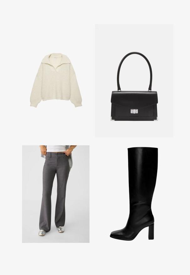 Neulepaita off-white-värissä, valmistettu paksusta neulemateriaalista. Ominaisuuksiin kuuluu leveä kaulus, putoavat olkapäät sekä ribbireunat helmassa ja hihoissa. Laatikkomainen muotoilu.; Harmaat liehukkeet, jotka on valmistettu teksturoidusta kankaasta, joissa on kaksinappinen kiinnitys ja vyölenkit, yhdistettynä kiiltäviin hopeisiin lenkkareihin.; Mustat polviin saakka ulottuvat nahkasaappaat, joissa on neliönmuotoinen kärki ja jykevällä korko. Sileä pinta, tiukka muotoilu, eikä näkyviä koristeita tai kuvioita.; Mustassa nahka-salkku, jossa on selkeä muotoilu, yläkahva ja hopeinen hakasuljin. Sisältää kulma-elementtejä ja sileän pinnan.