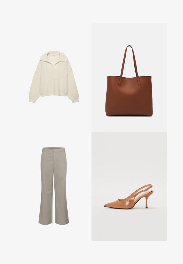 Pulover u off-white boji, izrađen od debljeg pletenog materijala. Ima široki ovratnik, spuštene rukave i rebrasti rub te manžete. Kutijasti dizajn.; Bež cropped hlače ravnog kroja, izrađene od glatkog materijala. Sadrži prednju džep i uredan završetak remena.; Sandal s petom u obliku šiljastog prsta od glatkog, sjajnog smeškastog materijala. Ima zakrivljeni izrez i vitku štiklu. Detalj s srebrnom kopčom.; Smeđa kožna torba preko ramena s glatkom teksturom, otvorenim vrhom i dvjema naramenicama. Ima minimalne šavove i nema vidljivog hardvera.