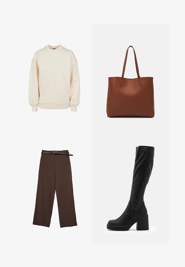 Felpa color crema con colletto a giro e vestibilità oversize, con polsini arricciati. Realizzata in un tessuto liscio e dalla consistenza morbida.; Pantaloni a gamba larga marroni con una texture liscia, dotati di una cintura nera e un girovita strutturato, che offrono una vestibilità definita.; Stivali neri fino al ginocchio realizzati in materiale sintetico liscio, con un tacco a blocco spesso e un design lineare con parte superiore elasticizzata.; Borsa tote in pelle marrone con texture liscia, design con apertura superiore e due spallacci. Presenta cuciture minime e nessun hardware visibile.