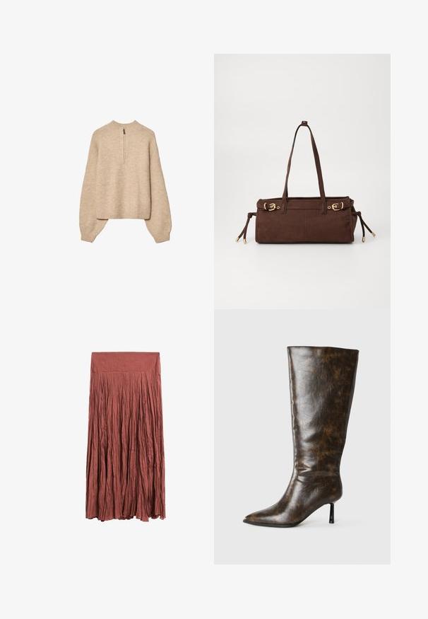Beiger Strickpullover mit hohem Kragen, halblangem Reißverschluss und überschnittenen Schultern. Mit geripptem Saum und Bündchen.; Rostfarbener, langer, plissierter Rock aus leichtem Stoff. Verfügt über einen glatten Taillenbund und eine vertikale Struktur im gesamten Rock.; Braune, abgenutzte Lederkniehohe Stiefel mit spitzem Zeh und dünnem Stiletto-Absatz auf weißem Hintergrund.; Braune Wildleder-Shoppertasche mit zwei Schulterriemen, goldenen Hardware-Akzenten und verstellbaren Seitenbändern. Verfügt über einen Reißverschluss und eine glatte Textur.