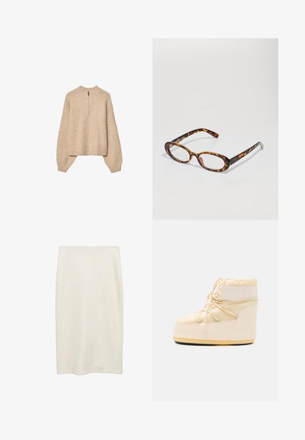 Beige gebreide pullovertrui met een hoge halslijn, rits tot halverwege en schouders die naar beneden vallen. Heeft een geribbelde zoom en manchetten.; Mid-length, rechte witte rok van een gestructureerde stof met een subtiel weefpatroon. Geen zichtbare hardware of versieringen.; Lichtbeige Moon Boot met een ronde neus, trekkoordsluiting en getextureerde rubberen zool. Beschikt over witte branding en gladde synthetische materialen.; Schildpadbril met ovale glazen, voorzien van een glanzende afwerking, slanke armen en subtiele patronen die lijken op de strepen van een tijger.; Beige suede handtas met een gathered stofhandvat, twee voorkanten met cinched sluitingen en subtiele textuurelementen.
