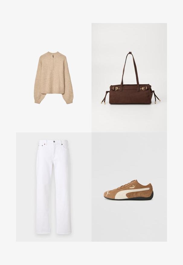 Beżowy sweter z dzianiny z wysokim kołnierzem, półdługim zamkiem błyskawicznym i rękawami z opadającymi ramionami. Posiada ściągacze na dole i przy mankietach.; Białe dżinsy z prostym krojem, pięcioma kieszeniami i metalowym zapięciem. Zawierają jasne przeszycia i widoczne szwy.; Brązowe zamszowe niskie sneakersy z kremowymi akcentami, teksturowana powierzchnia, czarna gumowa podeszwa oraz wyhaftowane logo z boku i na języku.; Brązowa zamszowa torba na ramię z dwoma paskami, złotymi detalami i regulowanymi sznurkami po bokach. Posiada zamek błyskawiczny i gładką fakturę.