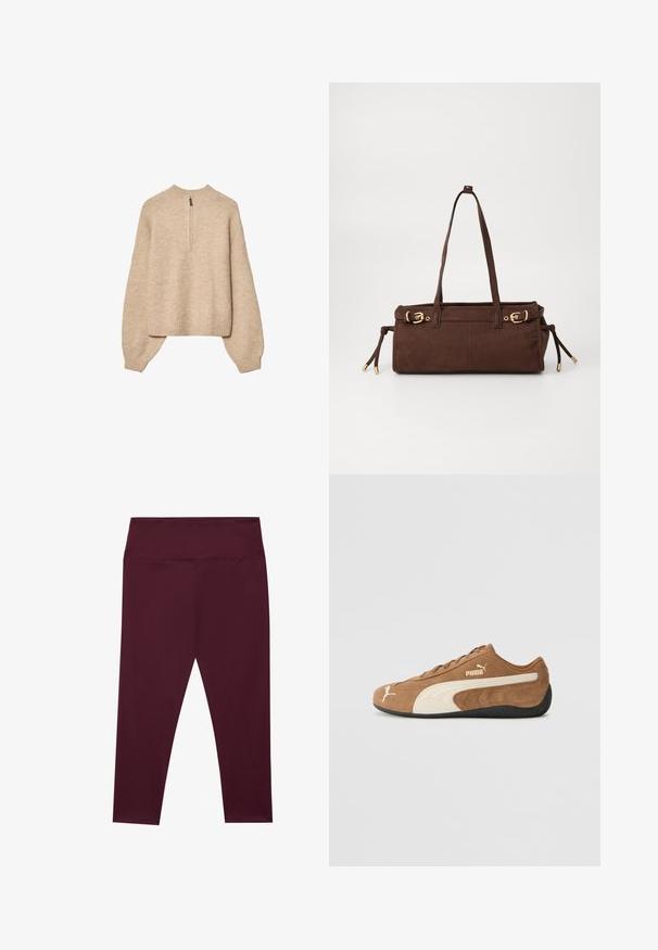 Beige gebreide pullovertrui met een hoge halslijn, rits tot halverwege en schouders die naar beneden vallen. Heeft een geribbelde zoom en manchetten.; Bordeaux leggings met een hoge tailleband, gemaakt van een gladde, rekbare stof. Heeft een naadloos ontwerp zonder externe zakken.; Bruine suède low-top sneakers met crèmekleurige accenten, een gestructureerd oppervlak, een zwarte rubberen zool en een geborduurd logo aan de zijkant en op de tong.; Bruine suède schoudertas met twee schouderbanden, gouden hardwareaccenten en verstelbare zijstrikjes. Heerlijk in gebruik dankzij de ritsafsluiting en de gladde textuur.