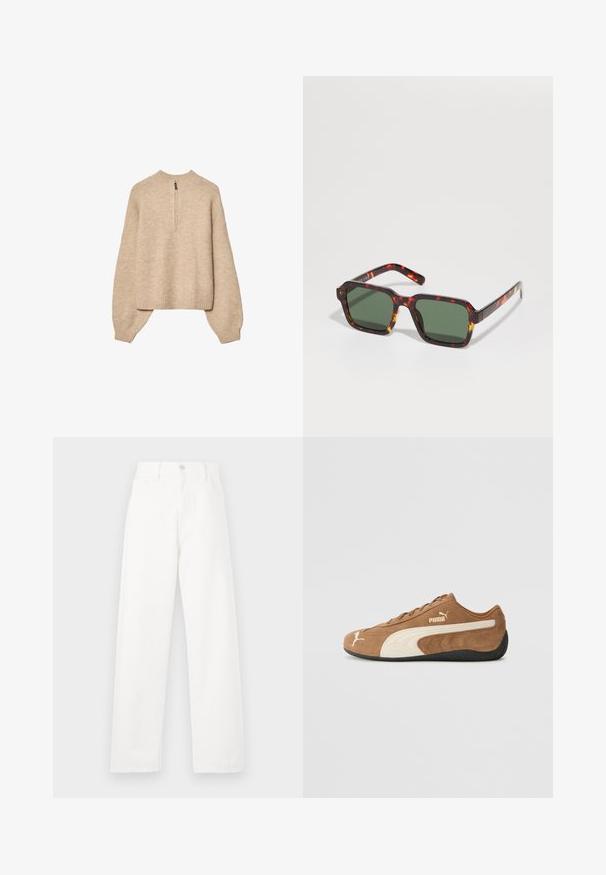 Beiger Strickpullover mit hohem Kragen, halblangem Reißverschluss und überschnittenen Schultern. Mit geripptem Saum und Bündchen.; Weiße Denim-Hosen mit hoher Taille, geradem Bein-Design, sichtbaren Nähten, fünf Taschen-Style und einem Metallknopfverschluss.; Braune Wildleder-Low-Top-Sneaker mit cremefarbenen Akzenten, strukturierter Oberfläche, schwarzer Gummisohle und gesticktem Logo an der Seite und Zunge.; Schildpatt-Sonnenbrille mit quadratischen Rahmen, grün getönten Gläsern und kontrastierenden orangen Akzenten entlang der Ränder der Bügel.