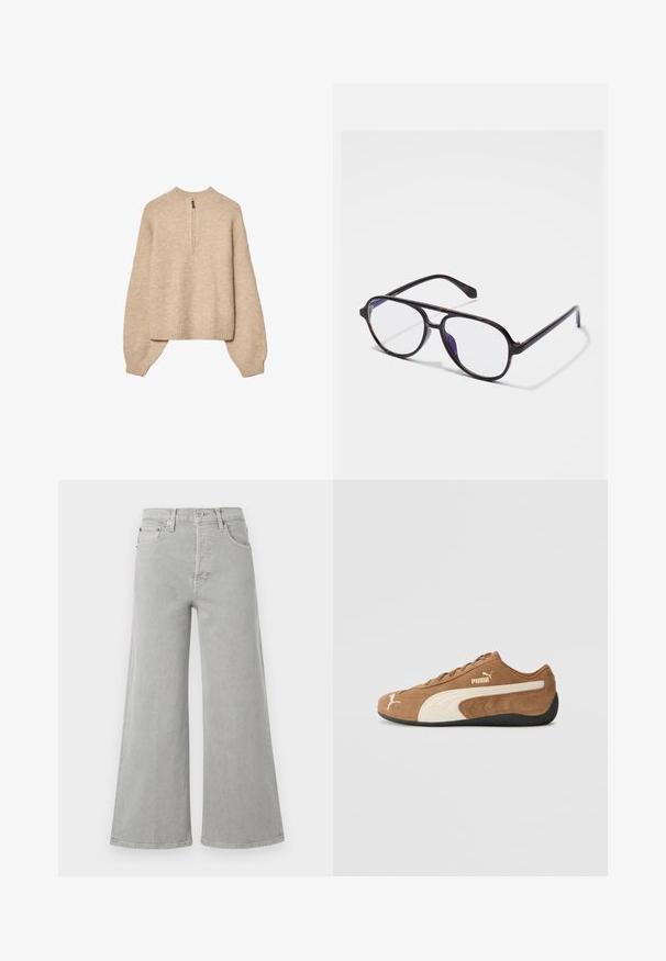 béžový pletený svetr s vysokým límcem, půl zips a rukávy s klesajícími rameny. Má vroubkovaný lem a manžety.; Světle šedé široké džíny z denimu, s vysokým pasem, předními kapsami a zapínáním na knoflík. Hladká textura s minimálními designovými detaily.; Hnědé semišové nízké tenisky s krémovými akcenty, texturovaným povrchem, černou gumovou podrážkou a vyšívaným logem na boku a jazyku.; Kulaté, tmavě želvovinové brýle s čirými skly. Mají úzké plastové obruby a nenápadný detail závěsu na spáncích.