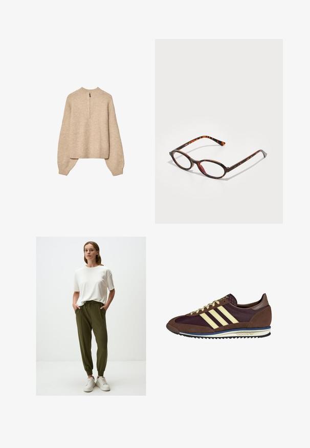 Beige knit pullover sweater with a high neckline, half-length zipper, and drop-shoulder sleeves. Features ribbed hem and cuffs.; White short-sleeve t-shirt paired with olive green jogger pants featuring a drawstring waist and elastic cuffs. Worn with white sneakers.; Brown and burgundy sneaker with suede and mesh materials, featuring three cream stripes, textured fabric on the tongue, and a rubber sole.; Tortoiseshell sunglasses with oval lenses, featuring a dark frame with light and dark brown patterns, and slender, curved temples.; Brown suede tote bag with two shoulder straps, gold hardware accents, and adjustable side ties. Features a zip closure and smooth texture.