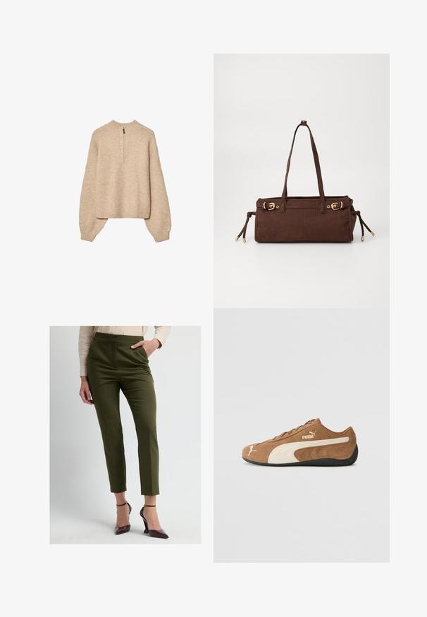 Beżowy sweter z dzianiny z wysokim kołnierzem, półdługim zamkiem błyskawicznym i rękawami z opadającymi ramionami. Posiada ściągacze na dole i przy mankietach.; Oliwkowozielone, dopasowane spodnie z wysokim stanem, zwężanymi nogawkami i przeszyciami z przodu. W zestawie z bordo, spiczastymi szpilkami i lekką bluzką.; Brązowe zamszowe niskie sneakersy z kremowymi akcentami, teksturowana powierzchnia, czarna gumowa podeszwa oraz wyhaftowane logo z boku i na języku.; Brązowa zamszowa torba na ramię z dwoma paskami, złotymi detalami i regulowanymi sznurkami po bokach. Posiada zamek błyskawiczny i gładką fakturę.