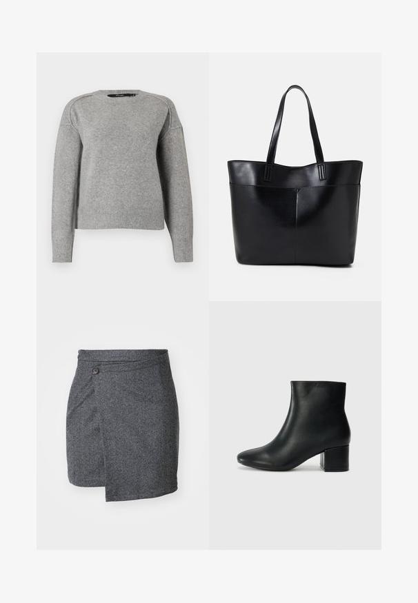 Lys grå genser med rund hals, ribbestrikkede mansjetter og hem, og en myk tekstur. Har senkede skuldre for en avslappet passform.; Grå herringbone omslagsskjørt laget av teksturert ullstoff, med en enkelt knappelukking i midjen og en asymmetrisk fald.; Sorte skinn ankelsko med spiss tå og chunky hæl. Glatt tekstur med minimale detaljer og et elegant, tettsittende design.; Svart lær toteveske med to lange håndtak, en glatt tekstur og en strukturert form. Har en frontlomme for ekstra oppbevaring.