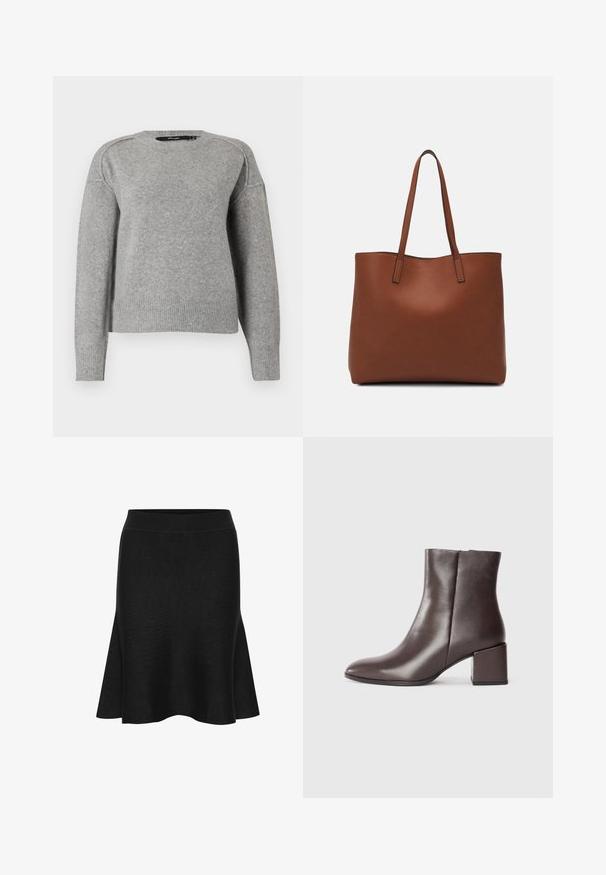 Ljust grå tröja med rundad halsringning, ribbade ärmslut och nederkant, samt en mjuk textur. Har dubbla axlar för en avslappnad passform.; Svart stickad kjol med en bred midja. Har en slät textur och en mjuk utvidgning vid fållen. Inga synliga mönster eller detaljer.; Brun läderankelboot med en stilren design, spetsig tå och fyrkantig klack. Slät textur och minimalistisk silhuett.; Brun läder tote-väska med en slät textur, öppen toppdesign och två axelremmar. Har minimal söm och ingen synlig metalldetalj.