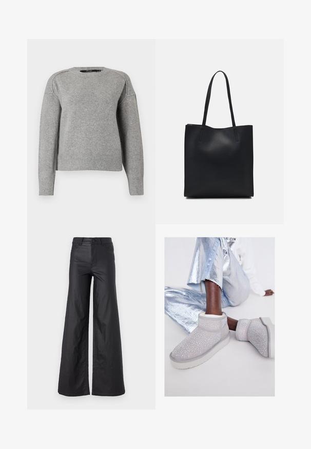 Light gray sweater with a rounded neckline, ribbed cuffs and hem, and a soft texture. Features dropped shoulders for a relaxed fit.; Black, wide-leg pants in a faux leather material. Features a high waist, belt loops, two front pockets, and stitched detailing.; Grey suede ankle boots adorned with numerous shiny rhinestones, featuring a white sole and soft lining, paired with metallic silver pants.; Black leather tote bag with smooth texture, rectangular shape, and two long handles. No visible hardware or embellishments.