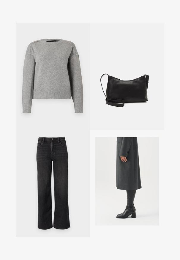 Γκρι ζακέτα με στρογγυλή λαιμόκοψη, ραβδωτούς μανσέτες και στρίφωμα, καθώς και απαλή υφή. Διαθέτει χαμηλούς ώμους για χαλαρή εφαρμογή.; Πλατιά μποξερ παντελόνια από μαύρο τζιν με κλασική εφαρμογή, που διαθέτουν φερμουάρ, κλείσιμο με κουμπί και σχέδιο πέντε τσεπών. Διακριτική φθορά και λεπτομέρειες ραψίματος.; Γκρίζο, προσαρμοσμένο παλτό με ευθεία γραμμή; σε συνδυασμό με μαύρες δερμάτινες μπότες μέχρι το γόνατο με τετράγωνη μύτη και χοντρό τακούνι.; Μαύρη δερμάτινη τσάντα ώμου με λεία υφή, καμπύλο σχήμα, ρυθμιζόμενο λουρί και κλείσιμο με φερμουάρ. Μινιμαλιστικός σχεδιασμός χωρίς διακοσμητικά στοιχεία.