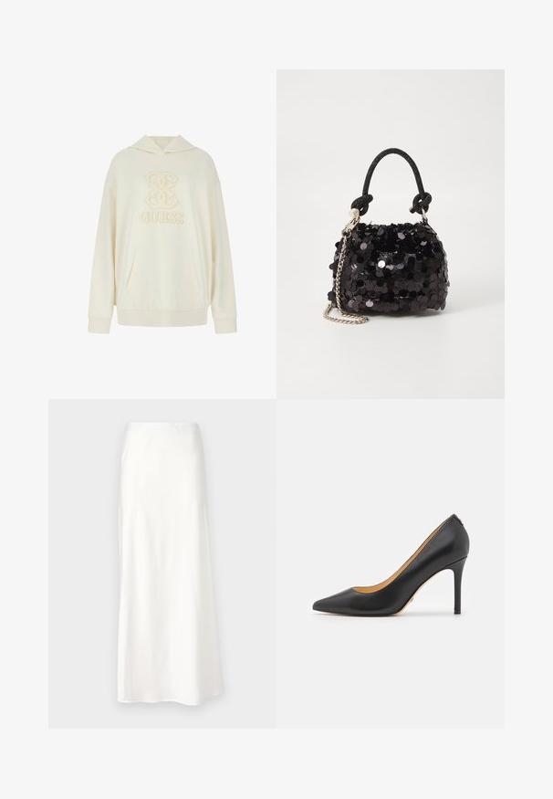 Krem hoodie sa logotipom s isprepletenim dizajnom i izvezenim natpisom "GUESS" u središtu, sa kenguruvim džepom i rebrastim manžetama.; Bijela satenasta suknja glatke teksture, srednje duljine, A-linije, s elastičnom trakicom u struku, bez vidljivih uzoraka ili ukrasa.; Crne kožne visoke potpetice s oštrim nosom i stiletto potpeticom, s glatkom teksturom i minimalističkim dizajnom. Unutrašnjost obložena u boji kože.; Crna mini torbica sa šljokicama, s čvorastim teksturiranim remenom i srebrnim lancem. Zaobljenog oblika s naboranim vrhom i reflektivnim detaljima.