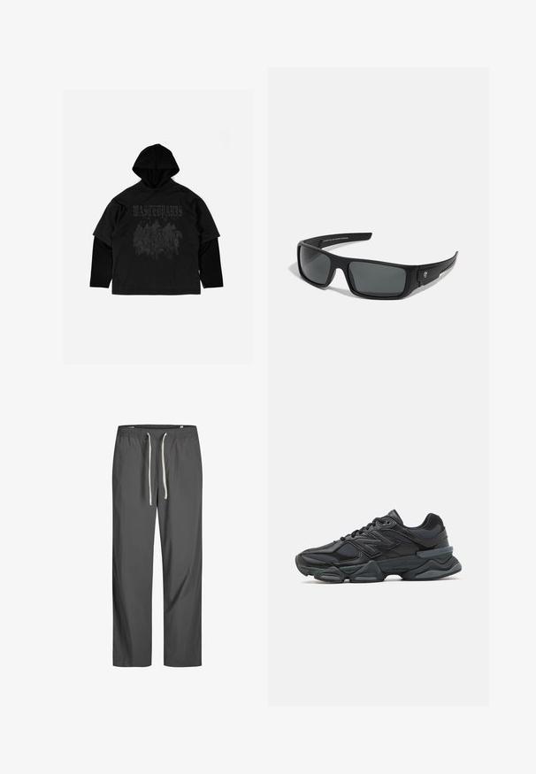 Sudadera negra con capas y parte superior de manga corta, con un estampado gráfico y capucha. Fabricada en tejido suave, con un ajuste relajado y una textura sutil.; Pantalones ligeros grises con cintura elástica y cordón blanco. Diseño holgado, textura suave, sin patrones ni acentos visibles.; Zapatilla de running negra que presenta una combinación de malla y materiales sintéticos, suela gruesa, diseño curvado y una marca prominente en el costado.; Gafas de sol negras con montura rectangular, lentes gris oscuro y acabado de plástico suave. Acento notable del logotipo en el lateral.