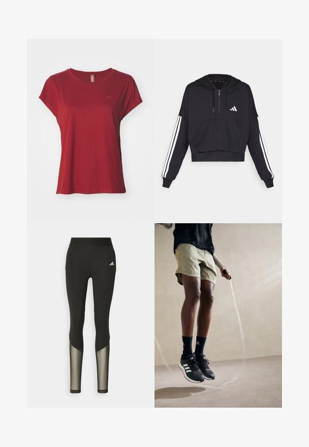 Čierna cropped mikina s kapucňou vyrobená z jemnej látky, s predným vreckom, zipsom a bielymi pruhmi pozdĺž rukávov a logom na hrudi.; ONLY Play ONPAUBREE LIFE ON BAT LOOSE - Športové tričko - sun-dried tomato; Čierne atletické legíny s vysokým pásom, ktoré majú sieťové akcenty na dolných nohách a vyšívané logo na bokoch.; Čierne športové topánky s bielymi pruhmi, olivovo zelené šortky a námornícke ponožky. Skáčucie lano je v rukách jednotlivca. Nezaujímavé pozadie.