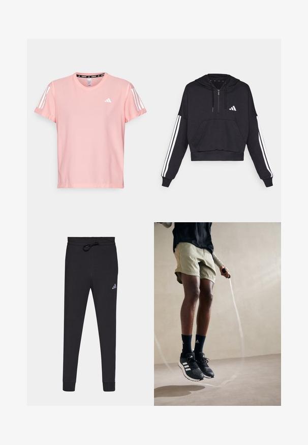 Mustaharjattu huppari, joka on valmistettu pehmeästä kankaasta. Siinä on etutasku, vetoketjusulku ja valkoiset raidat hihoissa sekä logo rinnassa.; adidas Performance TEE - Tekninen t-paita - semi pink spark; Mustat urheiluhousut, jotka on valmistettu pehmeästä kankaasta. Housuissa on nyöri vyötäröllä, kapenevat lahkeet ja pieni valkoinen Adidas-logo vasemmassa reidessä.; Mustat urheilukengät valkoisilla raidoilla, oliivinvihreät lyhyet housut ja tummansiniset sukat. Hyppynaru on henkilön käsissä. Neutraali tausta.