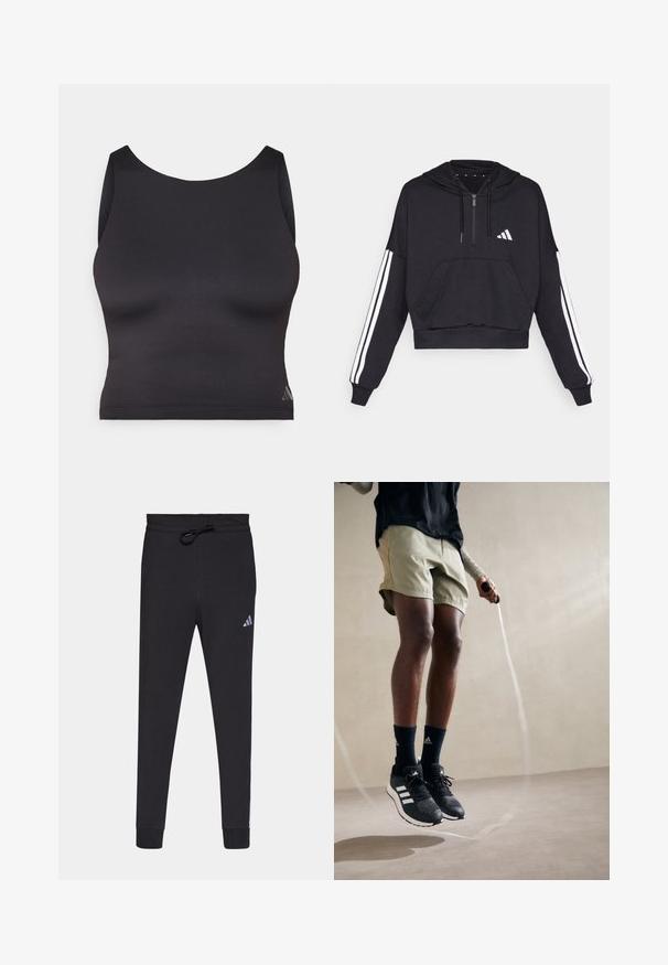 Un hanorac scurt, negru, dintr-un material moale, cu un buzunar frontal, închidere cu fermoar și dungi albe pe mâneci și un logo pe piept.; Top sportiv scurt, de culoare neagră, fabricat dintr-un material elastic și neted, cu decolteu rotund și fără mâneci. Dispune de un detaliu subtil cu logo.; Pantaloni sportivi negri, dintr-un material moale, având talie cu snur, picioare evazate și un mic logo alb Adidas pe coapsa stângă.; Pantofi sport negri cu dungi albe, pantaloni scurți verde măsliniu și șosete negre. O funie de sărit este în mâinile persoanei. Fundal neutru.