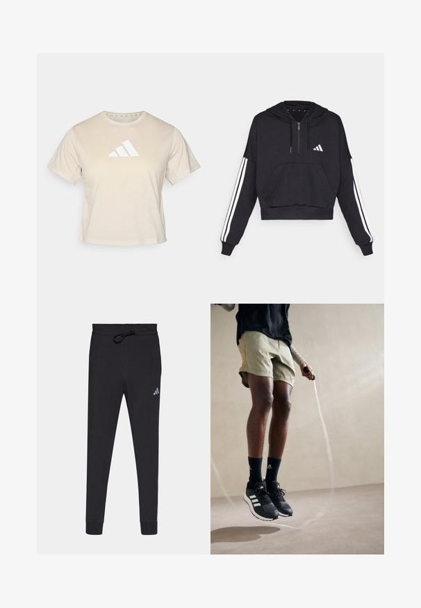 Melnā īsā kapuci izgatavota no mīksta auduma, ar priekšējo kabatu, rāvējslēdzēju un baltajām svītrām gar piedurknēm un logo uz krūtīm.; Beige īsām piedurknēm krekls, izgatavots no mīkstas auduma, ar izteiktu baltu trīs strīpu Adidas logo uz krūšgala. Klasiska apaļa kakla izgriezuma.; Melnas sporta bikses, kas izgatavotas no mīksta auduma, ar regulējamu jostasvietu, sašaurinātiem galiem un nelielu baltu Adidas logotipu kreisajā augšstilbā.; Melni sporta apavi ar baltām svītrām, olīvu zaļas šortas un tumši zilas zeķes. Individu valkā lēcēju virvi rokās. Neitrāla fona.