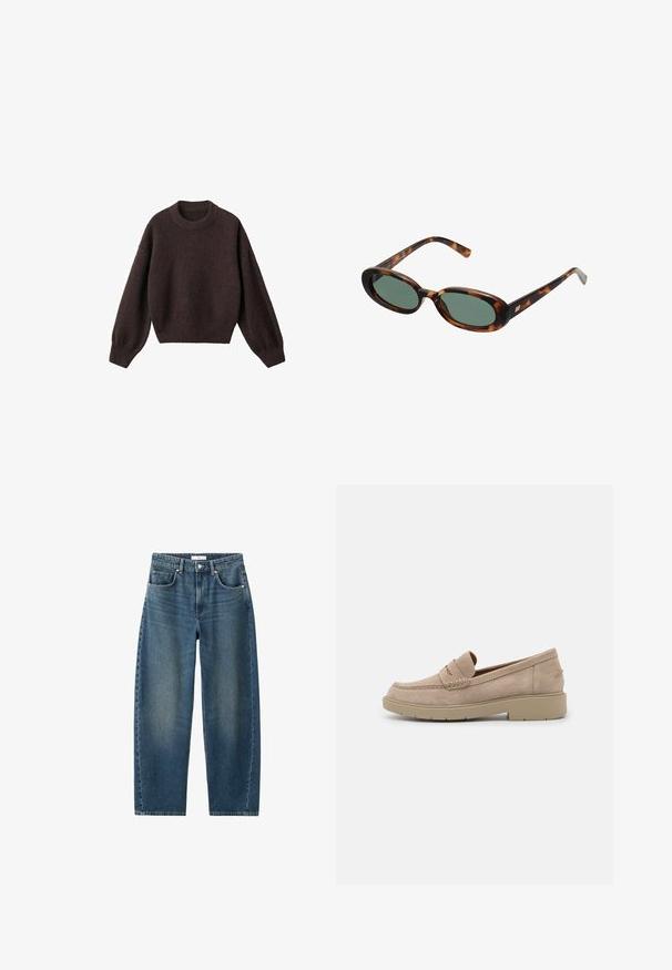 Hnědý pletený svetr s kulatým výstřihem, spadlými rameny a žebrovanými manžetami. Měkká textura, zkrácený střih a volný střih.; Bílé šaty bez rukávů s kulatým výstřihem a asymetrickým lemem, který na jedné straně splývá do špičky.; Tmavě modré džíny s rovnými nohavicemi, designem pěti kapes a klasickým knoflíkovým zapínáním. Měkká textura s jemným vyblednutím.; Béžové semišové mokasíny s kulatou špičkou, dekorativním prošíváním a nízkou, mohutnou gumovou podrážkou pro pohodlí a stabilitu.; Sluneční brýle ve hmotě želvoviny s oválnými obroučkami a zelenými čočkami. Mají tenké stranice s metalickým akcentem u závěsů.; Tkaná žlutá kabelka s zakřivenou horní rukojetí a neformovaným tvarem. Texturovaný povrch má skrz naskrz křížový vzor.