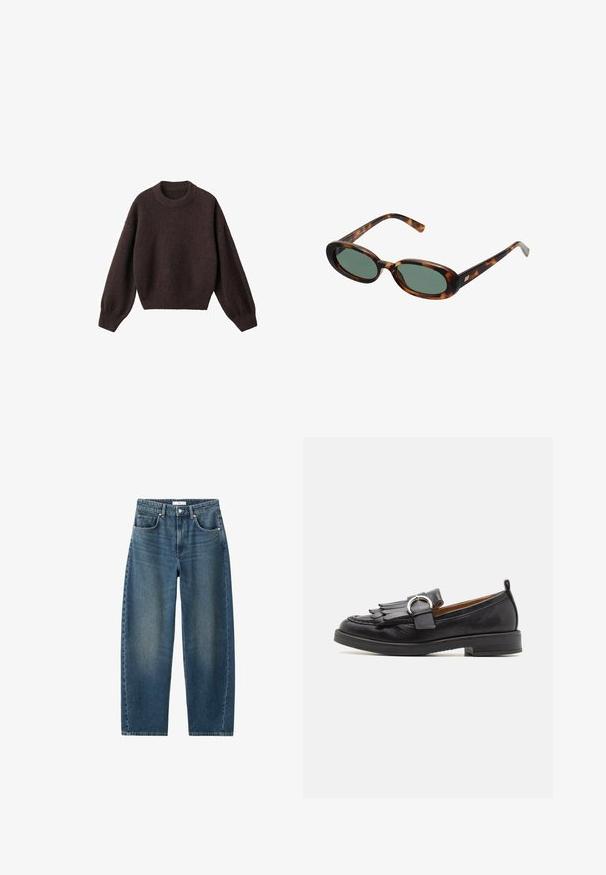 Maglione a maglia marrone con scollo rotondo, spalle scese e polsini a costine. Texture morbida, design corto e vestibilità ampia.; Abito bianco senza maniche con scollo rotondo e un orlo asimmetrico che si drappeggia a punta su un lato.; Jeans in denim blu scuro con gamba dritta, design a cinque tasche e chiusura con bottone classica. Texture morbida con leggera scoloritura.; Pavement MATILDA - Scarpe senza lacci - black; Occhiali da sole tartarugati con montatura ovale e lenti verdi. Presentano aste sottili con un accento metallico vicino alle cerniere.; Borsa a tracolla gialla intrecciata con manico curvo e forma non strutturata. La superficie testurizzata presenta un motivo a incrocio.