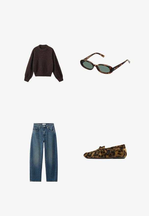 Brun stickad tröja med rund halsringning, sänkta axlar och ribbade ärmslut. Mjuk textur, kort design och lös passform.; Ärmlös vit klänning med rund halsringning och en asymmetrisk nederkant som hänger ner till en spets på ena sidan.; Mörkblå denimjeans med rak benprofil, femfickorsdesign och klassisk knappstängning. Mjuk textur med subtil blekning.; Leopardskimönstrade flatskor i mjuk päls med rundad tå, rosettdetalj och dekorativ sömnad längs sidorna.; Sköldpaddsmönstrade solglasögon med ovala bågar och gröna linser. Har tunna skalmar med en metallisk detalj vid gångjärnen.; Vävd gul handväska med ett bågformat handtag och en ostruerad form. Den texturerade ytan har ett korsmönster över hela väskan.