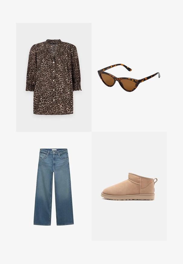 Maglione a maglia marrone con scollo rotondo, spalle scese e polsini a costine. Texture morbida, design corto e vestibilità ampia.; Camicia con stampa leopardata in tonalità marrone e nera, con chiusura a bottoni, maniche a ¾ con dettagli arricciati e colletto rotondo.; Jeans a gamba larga di colore blu chiaro realizzati in denim, con vita a media altezza, due tasche frontali e dettagli di cucitura classici.; Stivale alla caviglia in suede beige con punta rotonda, texture morbida, design semplice e suola in gomma a profilo basso. Presenta un'etichetta di trazione sul retro.; Occhiali da sole cat-eye con una montatura tartarugata nera e arancione, lenti marroni e punte affusolate e eleganti. Presentano un logo minimale sulla asta.; Borsa a mano in suede marrone scuro con una forma strutturata, dotata di due manici superiori e una tracolla removibile con una fibbia in tonalità oro.