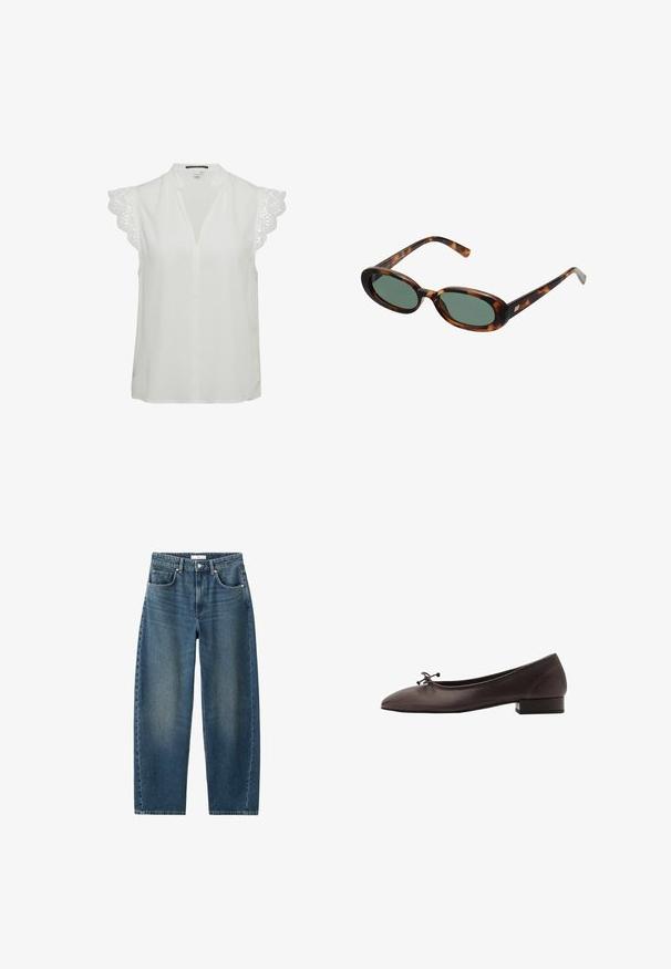 Brown knit sweater with a round neckline, dropped shoulders, and ribbed cuffs. Soft texture, cropped design, and loose fit.; White blouse with a deep V-neckline, short sleeves featuring intricate lace trim, and a relaxed fit. Smooth fabric texture.; Dark blue denim jeans with a straight leg, five-pocket design, and a classic button closure. Soft texture with subtle fading.; Brown leather ballet flat with a rounded toe and small block heel. Features a thin bow at the front and subtle stitching details.; Tortoiseshell sunglasses with oval frames and green lenses. Features thin arms with a metallic accent near the hinges.; Woven yellow handbag with a curved top handle and an unstructured shape. The textured surface features a crisscross pattern throughout.