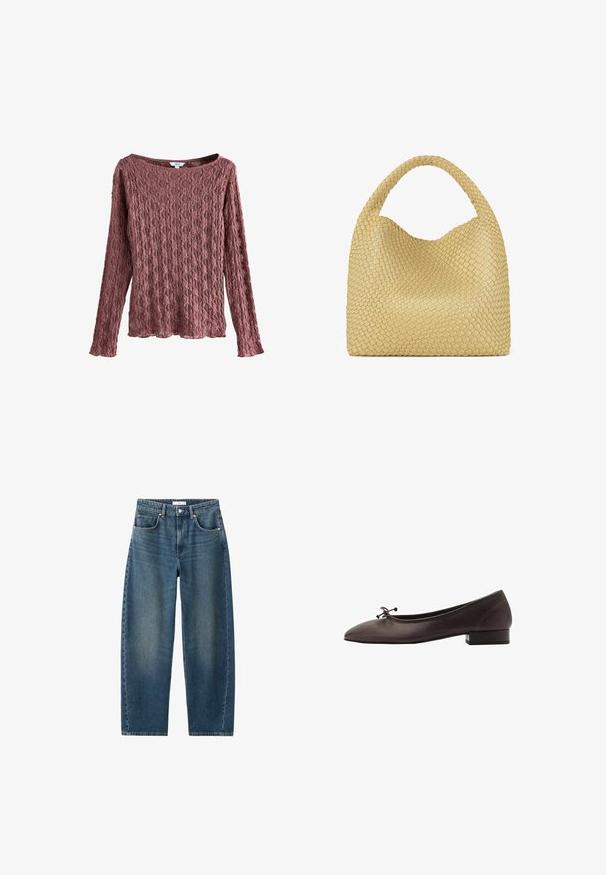 Maglione a maglia marrone con scollo rotondo, spalle scese e polsini a costine. Texture morbida, design corto e vestibilità ampia.; Top in pizzo con maniche lunghe di un color rosa polveroso, caratterizzato da una scollatura ampia, un motivo floreale texturizzato e una vestibilità ampia con orlo scallop.; Jeans in denim blu scuro con gamba dritta, design a cinque tasche e chiusura con bottone classica. Texture morbida con leggera scoloritura.; Ballerina in pelle marrone con punta arrotondata e tacco a blocco piccolo. Presenta un sottile fiocco sul davanti e dettagli di cucitura discreti.; Borsa a tracolla gialla intrecciata con manico curvo e forma non strutturata. La superficie testurizzata presenta un motivo a incrocio.