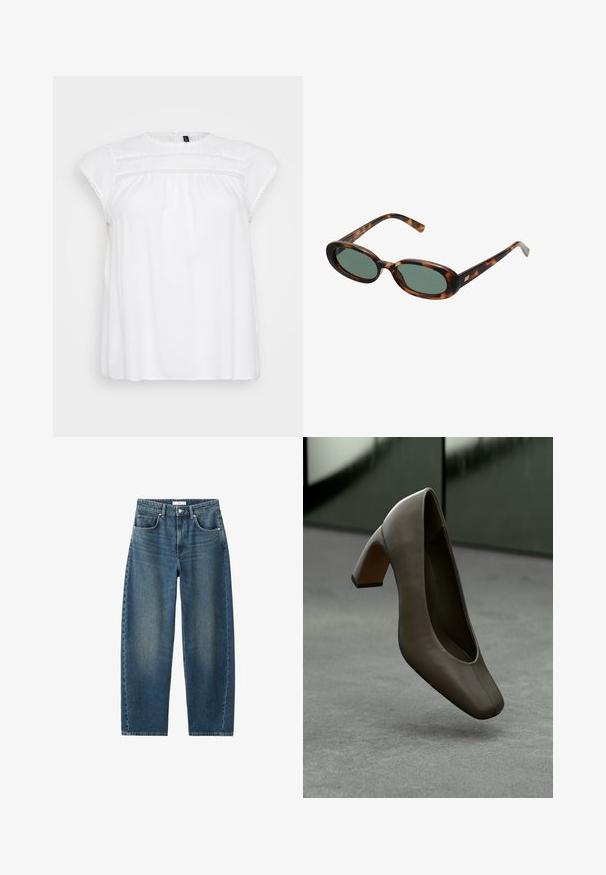 Brown knit sweater with a round neckline, dropped shoulders, and ribbed cuffs. Soft texture, cropped design, and loose fit.; White blouse with short cap sleeves, featuring delicate lace trim along the neckline and bust, made from lightweight fabric.; Dark blue denim jeans with a straight leg, five-pocket design, and a classic button closure. Soft texture with subtle fading.; Dark olive green leather high-heeled shoe with square toe and block heel, floating above a gray concrete floor with a blurred green background.; Tortoiseshell sunglasses with oval frames and green lenses. Features thin arms with a metallic accent near the hinges.; Woven yellow handbag with a curved top handle and an unstructured shape. The textured surface features a crisscross pattern throughout.; Silver metal earrings with a wavy, sculptural design featuring a polished finish and irregular shapes, highlighting a contemporary aesthetic.