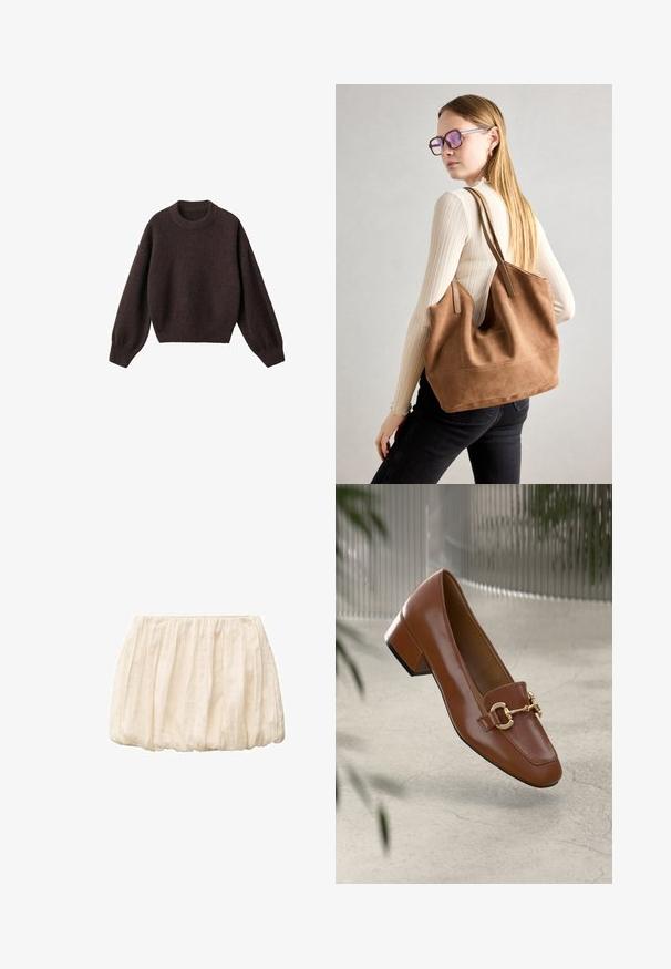 Rjav pleteni pulover z okroglim izrezom, spuščenimi rameni in rebrastimi manšetami. Mehka tekstura, skrajšan dizajn in ohlapen kroj.; Ivory kratka krila iz lahkega, teksturiranega materiala z nabranim dizajnom in elastičnim pasom. Praktična in vsestranska za različne kombinacije oblačil.; Rjavi lakirani loafer z kvadratnim nosom, kovinsko verigo kot okrasom in nizko blok podplatom; gladka tekstura, minimalističen dizajn.; Rjava semišna torba z mehko teksturo, velikim odprtjem in dolgimi ročaji. Ima preprost dizajn z vidnim šivanjem in brez okovja.