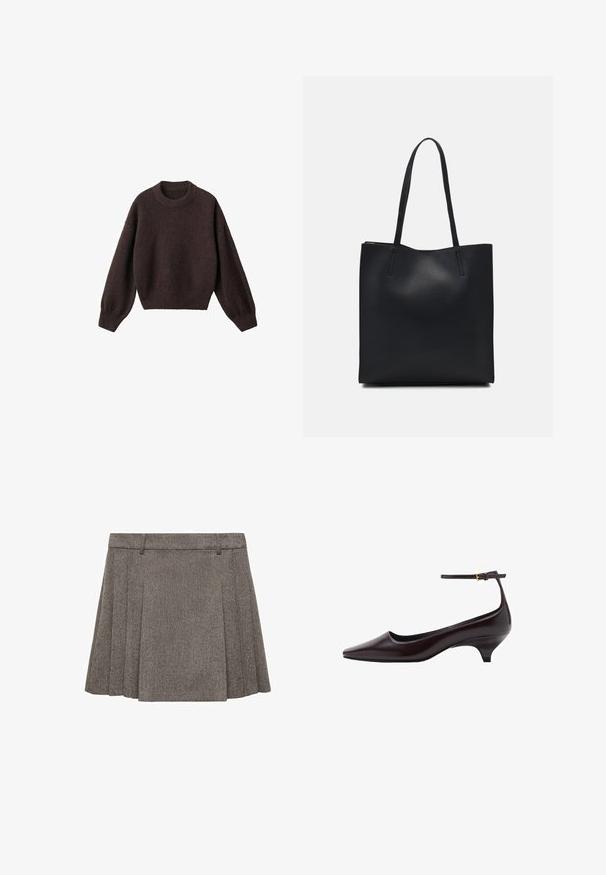 Maglione a maglia marrone con scollo rotondo, spalle scese e polsini a costine. Texture morbida, design corto e vestibilità ampia.; Mango GRUNGE - Gonna a campana - grey; Scarpa in pelle marrone scuro con punta a punta, tacco kitten sottile, cinturino alla caviglia e piccola fibbia dorata.; Borsa tote in pelle nera con texture liscia, forma rettangolare e due manici lunghi. Nessun hardware o decorazione visibile.