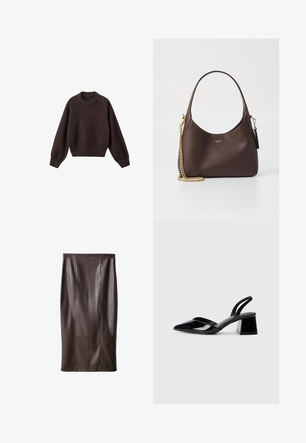 Rjav pleteni pulover z okroglim izrezom, spuščenimi rameni in rebrastimi manšetami. Mehka tekstura, skrajšan dizajn in ohlapen kroj.; Rjav usnjeni svinčnik mini krilo z gladko teksturo, do kolen, z navpičnimi šivi za oblikovanje. Brez dodatnih kovinskih delov ali okrasov.; Črne lakirane slingback pete s koničastim nosom in geometrijsko blokasto peto. Imajo eleganten, minimalističen dizajn in gladko teksturo.; COACH BROOKLYN SHOULDER BAG 23 - Torbica - maple