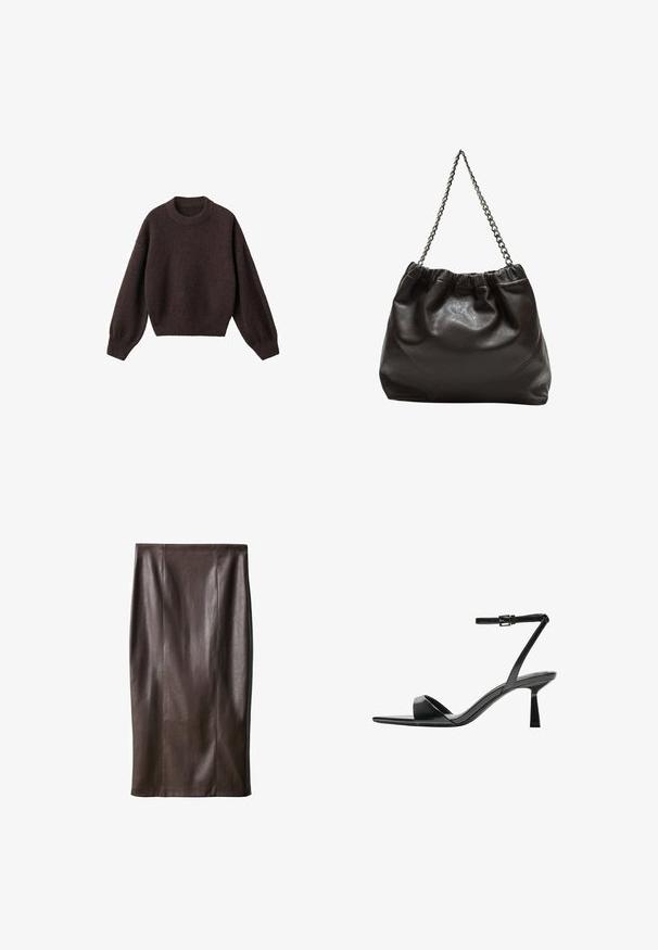 Hnědý pletený svetr s kulatým výstřihem, spadlými rameny a žebrovanými manžetami. Měkká textura, zkrácený střih a volný střih.; Hnědá kožená sukně na tužku se hladkou strukturou, délka po kolena, s vertikálními švy pro design. Žádné další kovové prvky nebo akcenty.; Bershka Sandály na vysokém podpatku - black; Hnědá kožená taška se sbíraným vrškem a řetízkovým popruhem. Hladký povrch s lesklým finišem a jemným švem na bocích.