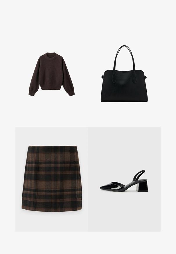 Brun strikket sweater med rund halsudskæring, sænkede skuldre og ribstrikkede manchetter. Blød tekstur, cropped design og løs pasform.; Rutet mini nederdel i brune, sorte og tan farver, lavet af tekstureret stof, med et tætsiddende design og sidesømme for struktur.; Sorte patentlæder slingback hæle med spids tå og en geometrisk blok hæl. Har et elegant, minimalistisk design og en glat tekstur.; Sort læderhåndtaske med dobbelte skulderremme, rektangulær form og minimalistisk design på en hvid baggrund.