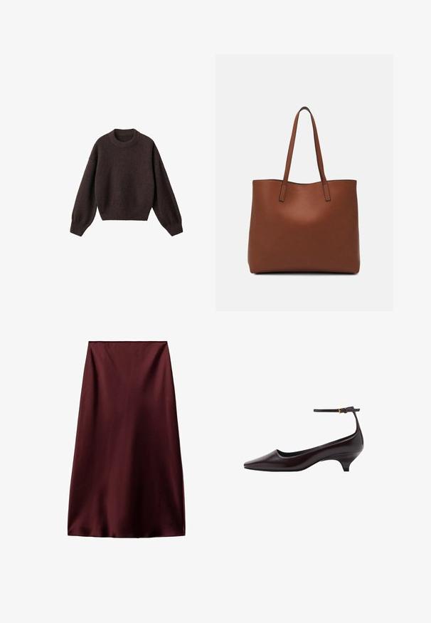 Brauner Strickpullover mit rundem Halsausschnitt, überschnittenen Schultern und gerippten Bündchen. Weiche Textur, kurzes Design und lockere Passform.; Burgunderfarbene Satinschürze mit glatter Textur, knielangem Design und gerader Silhouette, ausgestattet mit einem einfachen, unverzierten Saum.; Dunkelbraunes, spitz zulaufendes Lederschuh mit Kitten-Heel, dünnem Knöchelriemen und kleiner goldener Schnalle.; Braune Leder-Tote mit glatter Textur, offenem Oberteil und zwei Schulterriemen. Verfügt über minimale Nähte und keine sichtbaren Beschläge.