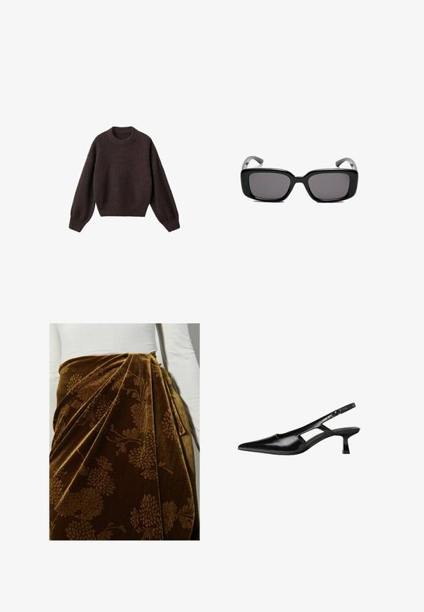 Pull en maille marron avec un col rond, des épaules basses et des poignets côtelés. Texture douce, design court et coupe ample.; Jupe en velours marron avec un motif floral, présentant des plis et un design drapé. La surface texturée met en valeur les détails ornés.; Escarpins slingback en cuir verni noir avec un bout pointu, un design découpé sur les côtés et un petit talon carré. Texture lisse avec des accents minimaux.; Lunettes de soleil noires rectangulaires avec des verres foncés, monture en plastique lisse et branches courbées. Le design est épais avec une esthétique minimaliste.; Sac à main en cuir beige avec une forme unique, doté de deux poignées courtes et d'une longue sangle réglable. Texture lisse avec un minimum de matériel.