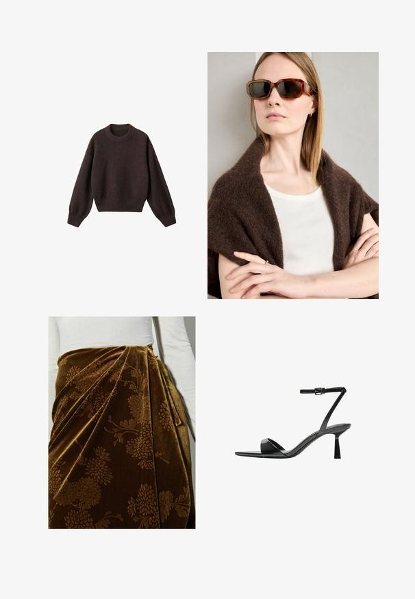 Brauner Strickpullover mit rundem Halsausschnitt, überschnittenen Schultern und gerippten Bündchen. Weiche Textur, kurzes Design und lockere Passform.; Brauer Samtrock mit floralem Muster, der Falten und ein drapiertes Design aufweist. Die strukturierte Oberfläche unterstreicht die kunstvollen Details.; Bershka High Heel Sandalette - black; Braune Schildkrötensonnenbrille mit angularen Rahmen, dunklen Gläsern und Metallelementen. Getragen mit einem cremefarbenen Oberteil und einem dunklen Schal.; Beige Leder Schultertasche in Halbmondform, mit glatter Oberfläche und einem geschwungenen Henkel. Verfügt über einen Reißverschluss und saubere Nähte.
