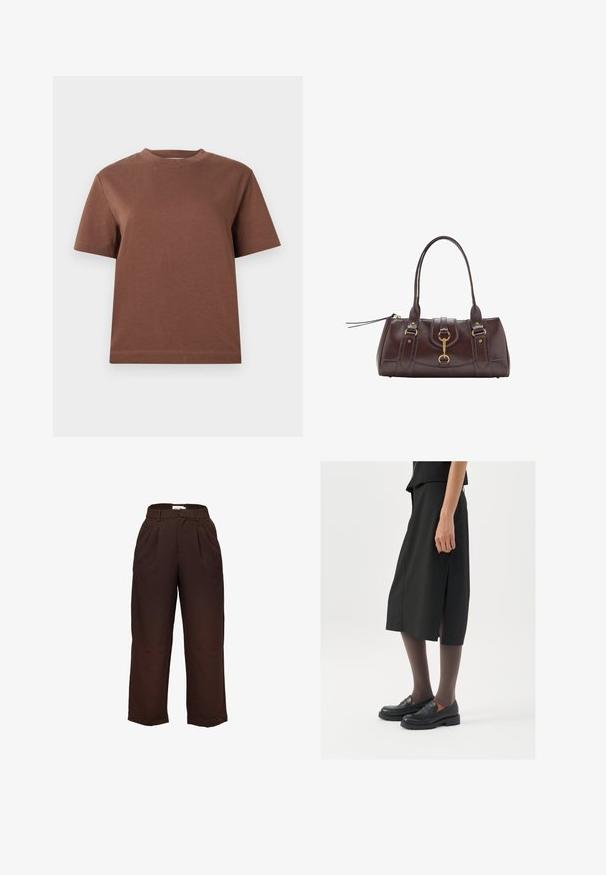 Brun strikket sweater med rund halsudskæring, sænkede skuldre og ribstrikkede manchetter. Blød tekstur, cropped design og løs pasform.; Brun bomulds T-shirt med rund hals, korte ærmer og en afslappet pasform. Glat tekstur uden synlige mønstre eller pynt.; Højtsiddende, mørkebrune bredbenede bukser med bæltestropper og frontfolder, præsenteret mod en hvid baggrund.; Sort knælange nederdel med sideslids, parret med sorte loafers og gennemsigtige brune strømpebukser, der har et glat stof og et enkelt design.; Mørkebrun læderhåndtaske med to hanke i toppen, detaljer i guldmetal, en frontlås og syede teksturer på siderne.; Metallisk sølvvedhæng med en tekstureret, organisk form hængende fra en sort snor. Justerbar længde med små sølvdetaljer.
