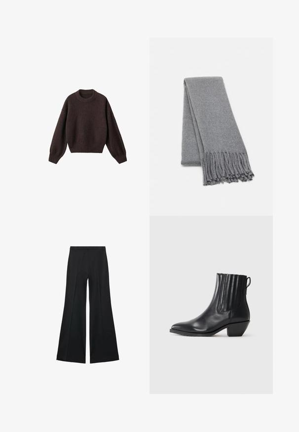 Rjav pleteni pulover z okroglim izrezom, spuščenimi rameni in rebrastimi manšetami. Mehka tekstura, skrajšan dizajn in ohlapen kroj.; Črne široke hlače z gladko teksturo, ki imajo sprednje nabore in kroj po meri. Tkanina je lahka in zračna.; Črne usnjene gležnjerice z elastičnimi stranskimi ploščami, koničastim prstom in nizko blok peto. Oblikovanje se ponaša z gladko teksturo in minimalističnim slogom.; Siva volnena šal s mehko teksturo, ki ima frufrane robove in preprost vzorec. Skrbno zložen, da pokaže svojo podolgovato obliko.