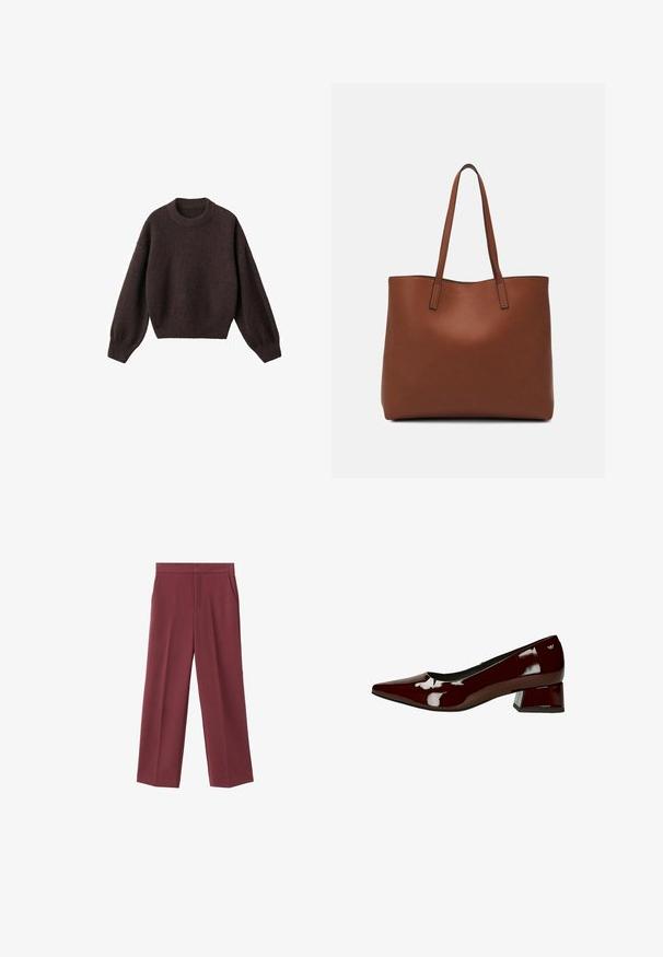 Brązowy sweter dziewiarski z okrągłym dekoltem, opadającymi ramionami i prążkowanymi mankietami. Miękka tekstura, krótki krój i luźny fason.; Bordowe spodnie typu wide-leg o gładkiej teksturze, z bocznymi kieszeniami i wysokim stanem. Skrojone z wyraźnym zagięciem z przodu.; Bordowe lakierowane czółenka z wydłużonym noskiem oraz masywnym, kwadratowym obcasem. Posiadają subtelny akcent logo w pobliżu obcasa.; Brązowa skórzana torba tote o gładkiej fakturze, z otwartym wierzchem i dwoma ramiączkami. Charakteryzuje się minimalnym przeszyciem i brakiem widocznych elementów metalowych.